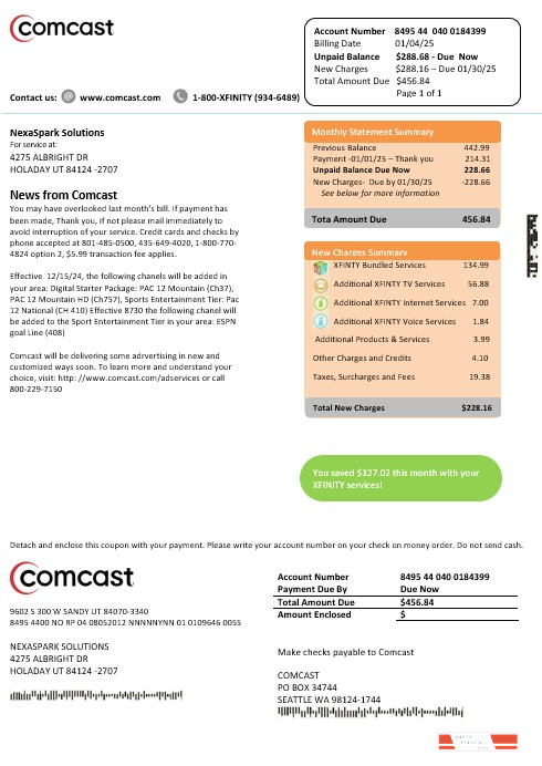 USA Utah Comcast business utility bill template in Word and PDF formats, version 2